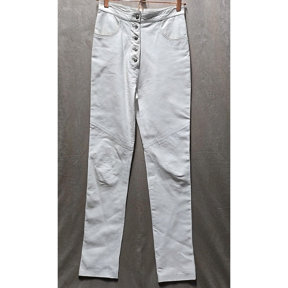 Vintage Caché White Leather Pants Tapered High‎ Rise Rose Heart Button Size 6